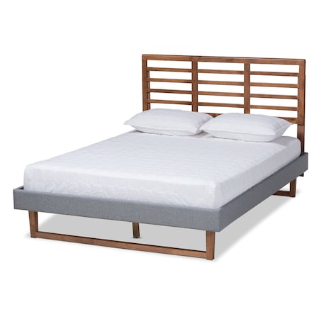 Baxton Studio Rina Dark Grey Upholstered and Ash Walnut Wood Queen Size Platform Bed 164-9414-9423